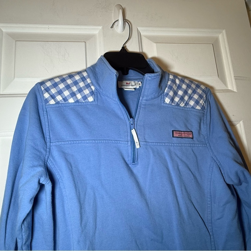 Vineyard Vines Woman’s Light Blue 1/4 Zip Sweatshirt Plaid Accent Medium Cotton - Picture 2 of 10